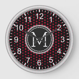 Crimson Polka dots Modern Monogram Stor Klocka