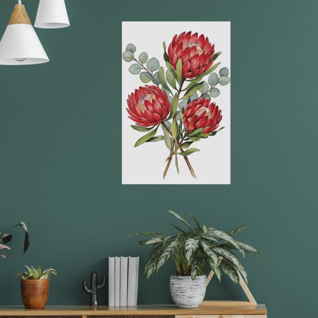 Crimson Protea Bouquet Watercolor Poster (Vardagsrum 1)