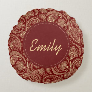 Crimson Red and Beige Cream Paisley Rund Kudde