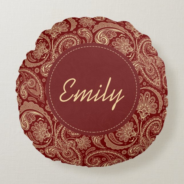 Crimson Red and Beige Cream Paisley Rund Kudde (Framsidan)
