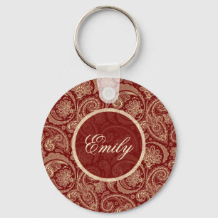 Crimson Red and Beige Creme Vintage Paisley Nyckelring