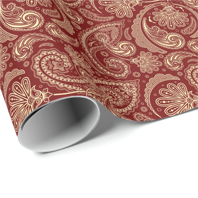 Crimson Red and Beige Creme Vintage Paisley Presentpapper (Rullad Hörn)