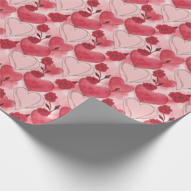 Crimson Red and Blush Pink Hearts and Roses  Presentpapper (Hörn)