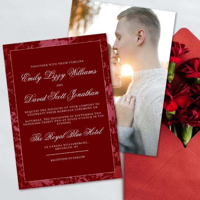 Crimson Red Classic Calligraphy Abstrakt Photo Inbjudningar (Skapare uppladdad)
