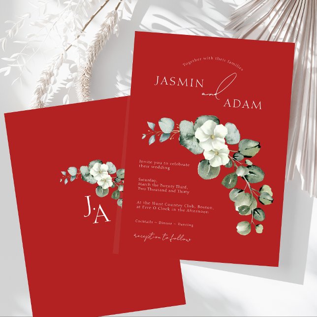 Crimson Red Eucalyptus Greenery Foliage Bröllop Inbjudningar (Crimson Red Eucalyptus Greenery Foliage Wedding Invitation)