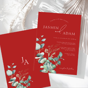 Crimson Red Eucalyptus Greenery Monogram Bröllop Inbjudningar
