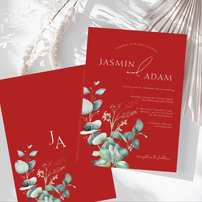 Crimson Red Eucalyptus Greenery Monogram Bröllop Inbjudningar (Crimson Red Eucalyptus Greenery Monogram Wedding Invitation)