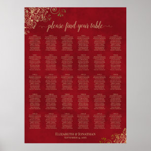 Crimson Red & Gold 30 Bord Bryllop Placeringsplan Poster