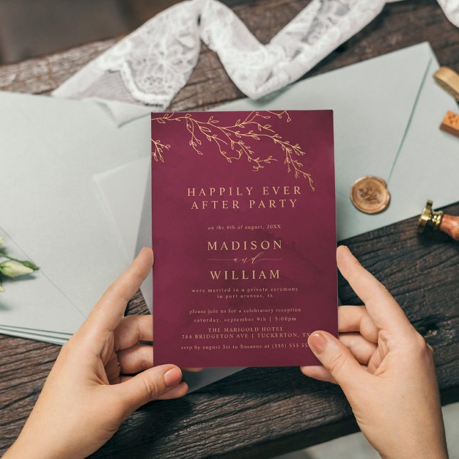 Crimson Red & Guld Botanical Elegant Elopement Inbjudningar (Skapare uppladdad)
