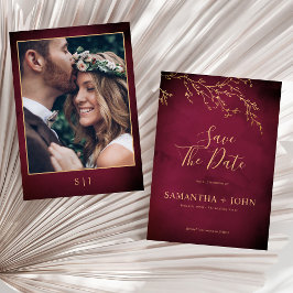 Crimson Red & Guld Botanical Elegant Photo Spara Datumet