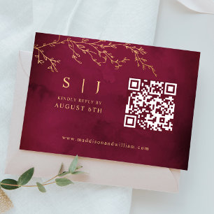 Crimson Red & Guld Botanical QR Code Bröllop OSA Kort