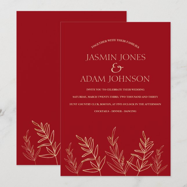 Crimson Red Guld Lövs Bröllop Inbjudningar (Fram/baksida)