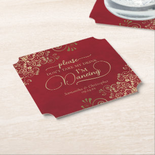 Crimson Red & Guld Ta inte min drink Bröllop Underlägg Papper