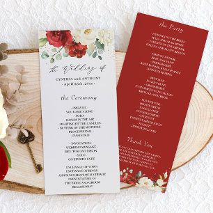 Crimson Red Ivory Vit ros Blommigt Bröllop Program