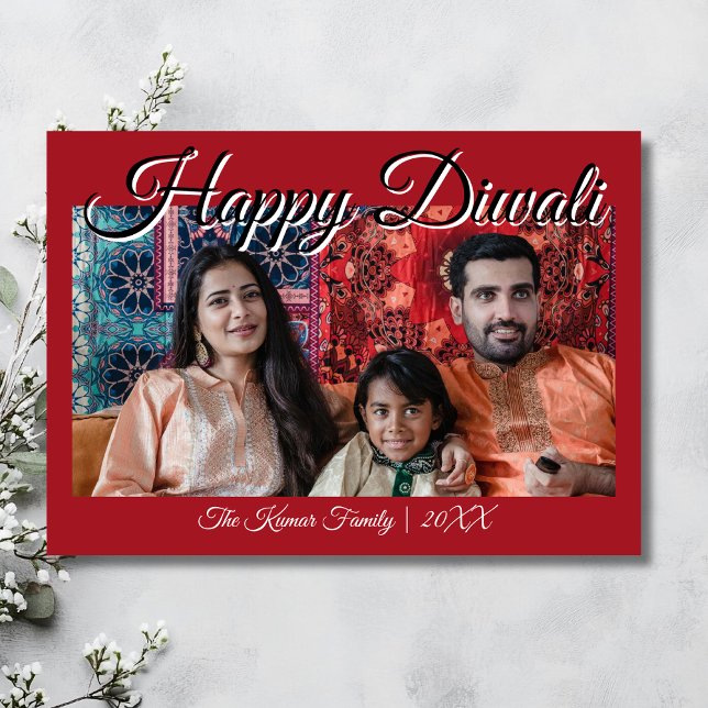 Crimson Red Luxury Photo Happy Diwali Greeting Julkort (Skapare uppladdad)
