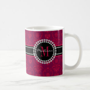 Crimson Red, Magenta Damask, Namn och Monogram Kaffemugg