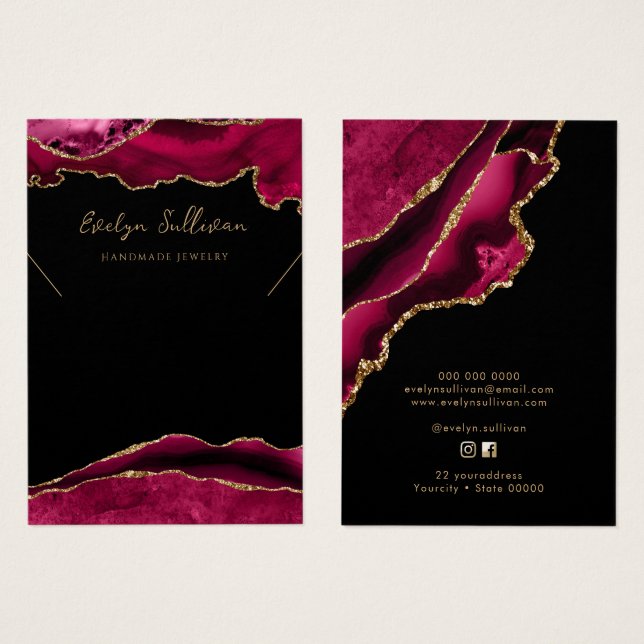 Crimson Red och guld agate necklace visning card Visitkort (Framsida & baksida)