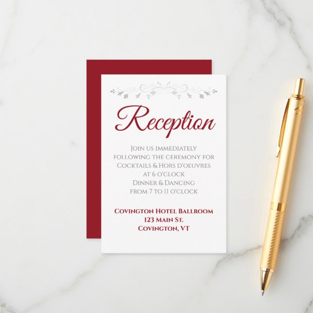 Crimson Red on White Elegant bröllop Reception Tilläggskort (Fram/Back In Situ)