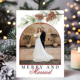 Crimson Red Pine Merry & Married Photo Christmas Julkort