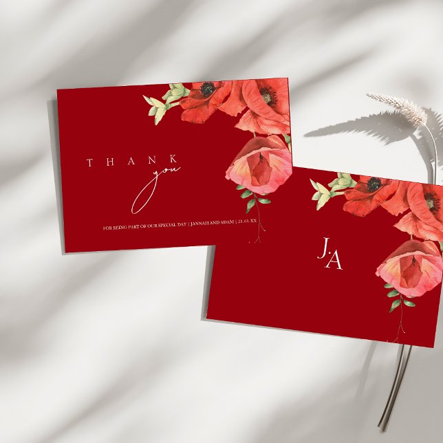 Crimson Red Poppies Blommigt Bröllop Tack Kort (Simple Crimson Red Poppies Floral Wedding Thank You Card)