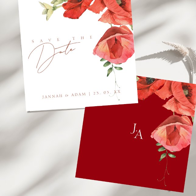 Crimson Red Poppies Floral Wedding Spara Datumet (Crimson Red Poppies Floral Wedding Save The Date)