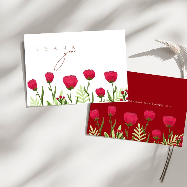 Crimson Red Poppies Flowers Bröllop Tack Kort (Crimson Red Poppies Flowers Wedding Thank You Card)