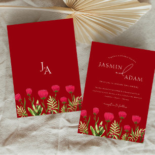 Crimson Red Poppies Monogram Bröllop Inbjudningar
