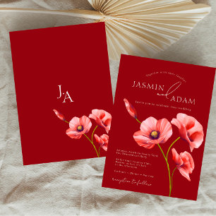 Crimson Red Poppies Monogram Bröllop Inbjudningar