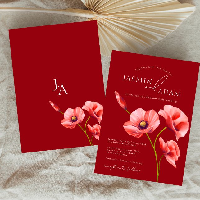 Crimson Red Poppies Monogram Bröllop Inbjudningar (Crimson Red Poppies Monogram Wedding Invitation)