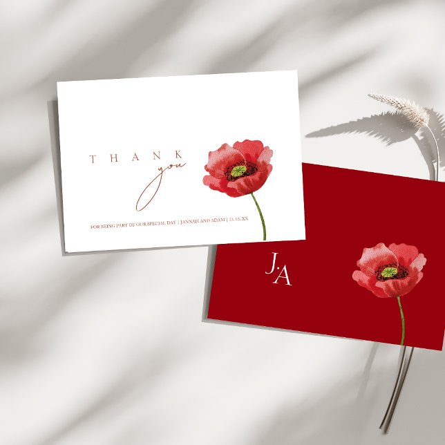 Crimson Red Poppy Blommigt Bröllop Tack Kort (Crimson Red Poppy Floral Wedding Thank You Card)
