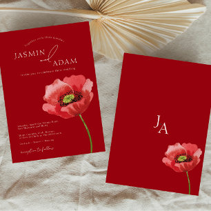 Crimson Red Poppy Blommigt Monogram Bröllop Inbjudningar