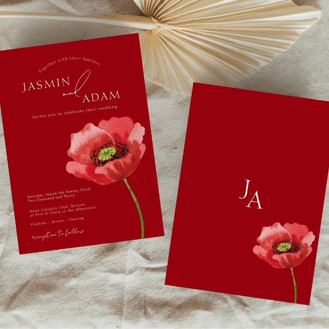 Crimson Red Poppy Blommigt Monogram Bröllop Inbjudningar (Crimson Red Poppy Floral Monogram Wedding Invitation)