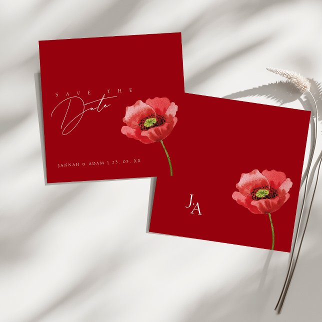 Crimson Red Poppy Monogram Bröllop spara datum Datumet (Crimson Red Poppy Monogram Wedding Save The Date)