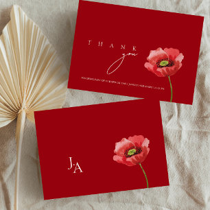 Crimson Red Poppy Monogram Bröllop Tack Kort