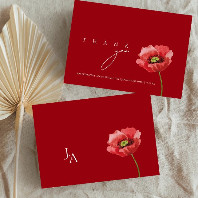 Crimson Red Poppy Monogram Bröllop Tack Kort (Crimson Red Poppy Monogram Wedding Thank You Card)