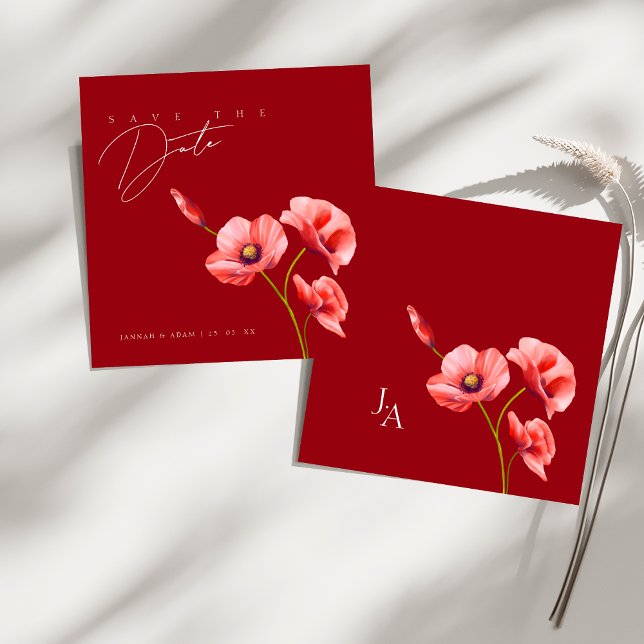 Crimson Red Poppy Wildblomma Bröllop spara datum Spara Datumet (Crimson Red Poppy Wildflower Wedding Save The Date)