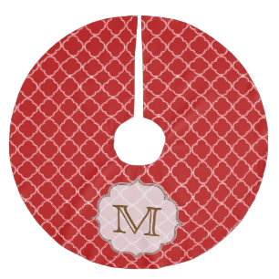 Crimson Red Quartefoil Monogram Initial Träd Skirt Julgransmatta Borstad Polyester