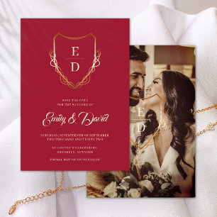 Crimson Red Rust Guld Monogram Photo Spara Datumet