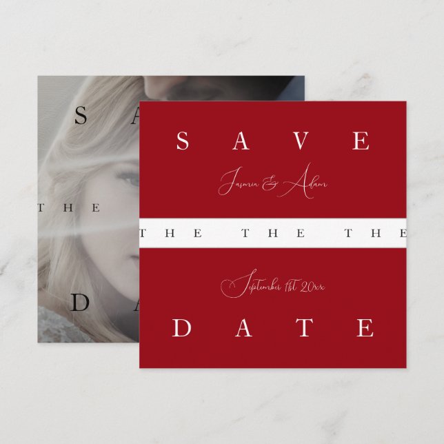 Crimson Red Script Foto Bröllop Save The Date Spara Datumet (Fram/baksida)