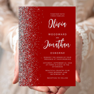 Crimson Red Silver Glitter Calligraphy Bröllop Inbjudningar