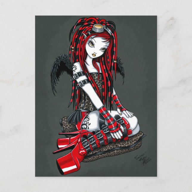 "Crimson" Red Tattoo Cyber Goth Angel Postcard Vykort (Framsida)