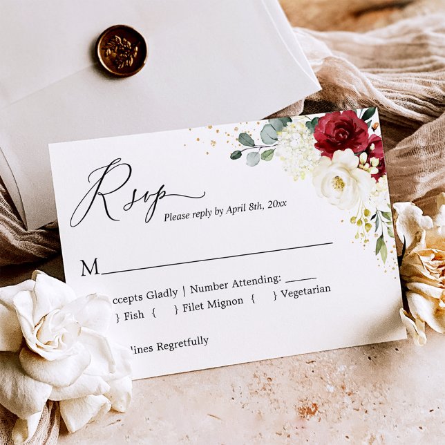 Crimson Red White Blommigt Guld Confetti Bröllop OSA Kort (Skapare uppladdad)