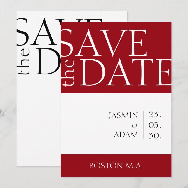 Crimson Red White Minimal Typography Bröllop Spara Datumet (Fram/baksida)