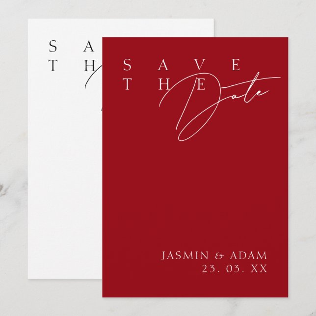 Crimson Red White Modern Typography Bröllop Spara Datumet (Fram/baksida)