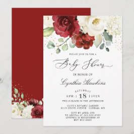 Crimson Red White Rustic Chic Blommigt Baby Shower Inbjudningar