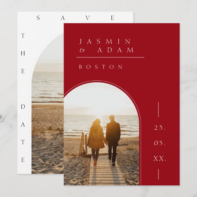 Crimson Red White Simple Photo Bröllop Spara Datumet (Fram/baksida)