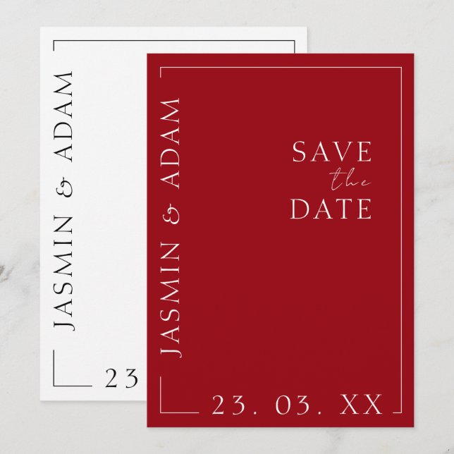 Crimson Red White Typografi Bröllop Spara Datum Datumet (Fram/baksida)