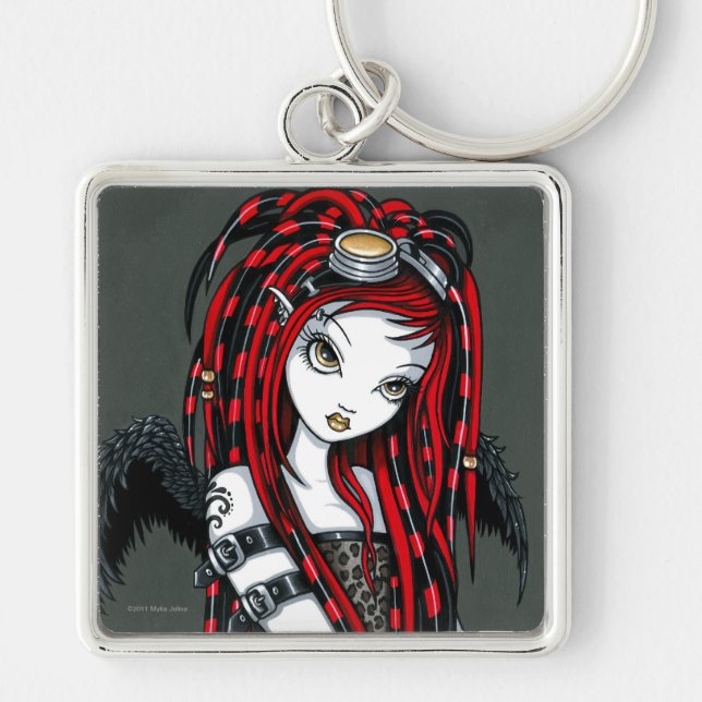 "Crimson" röd tatueringCyberGoth ängel Keychain Fyrkantig Silverfärgad Nyckelring (Framsidan)