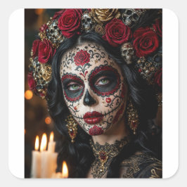 Crimson Rose Calavera – Elegant Dag av de döda Fyrkantigt Klistermärke