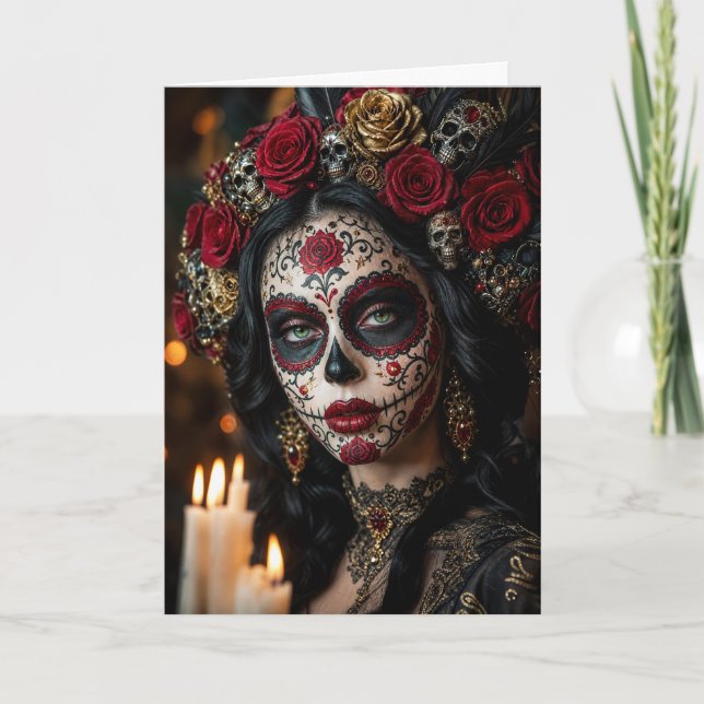 Crimson Rose Calavera – Elegant Dag av de Döda  Kort (Framsida)